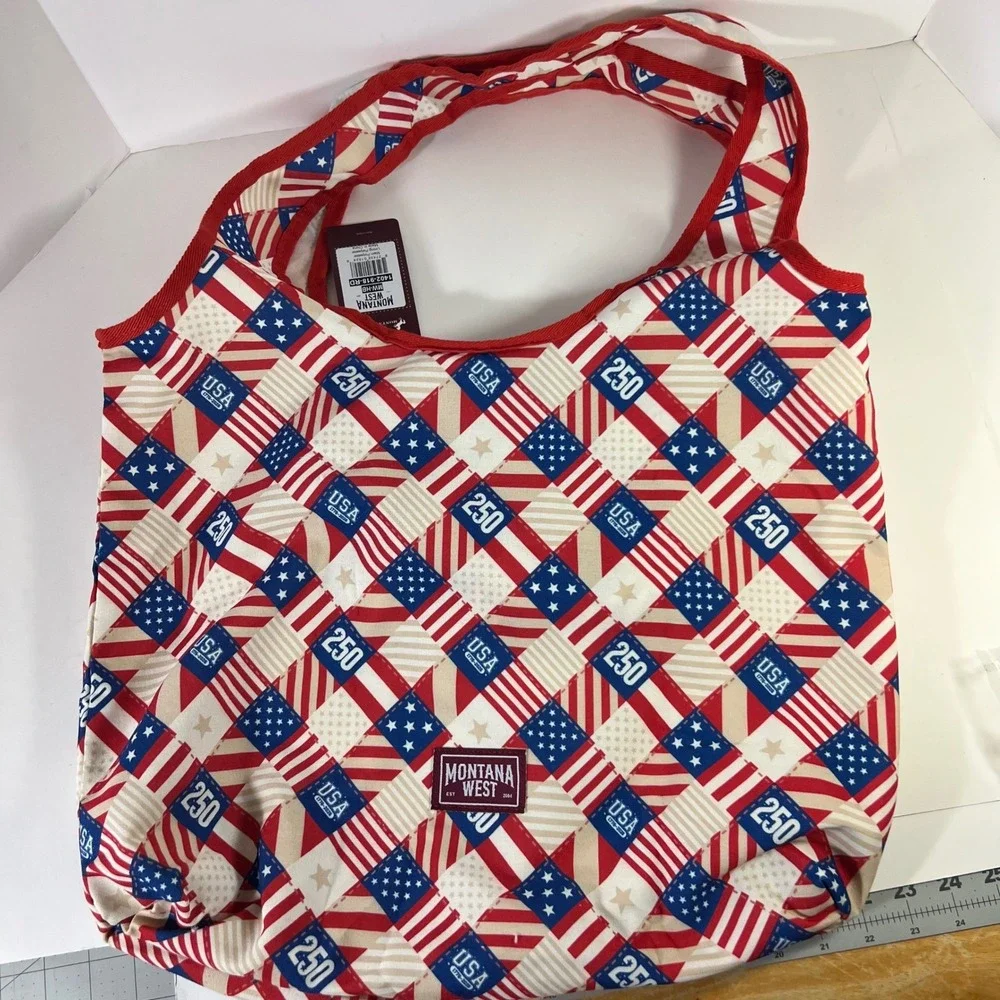 Montana West USA 250th Anniversary Flag Patchwork Tote Bag Red White Blue NWT